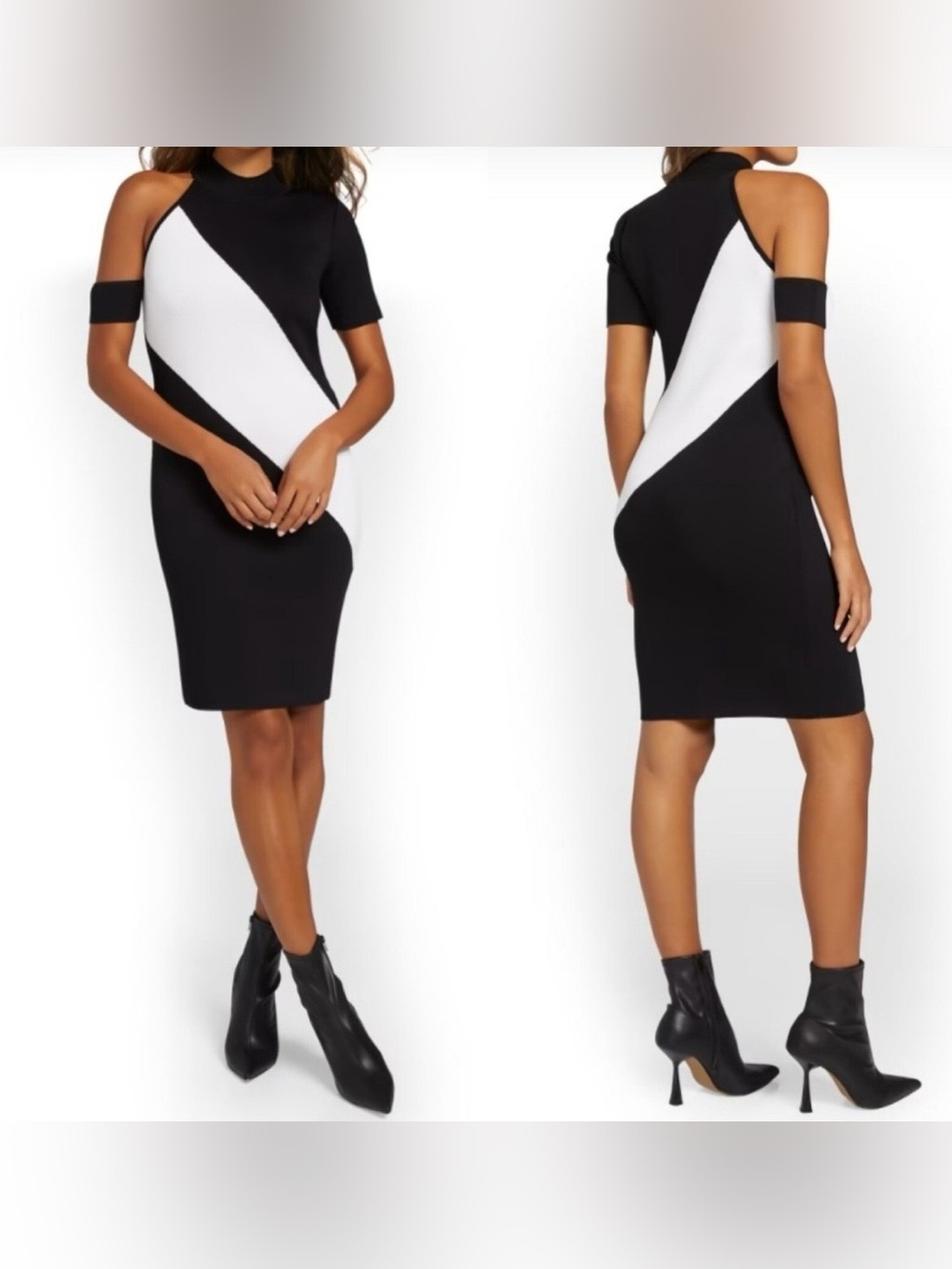 New York & Company Black and White Cold-Shoulder Sheath Dress